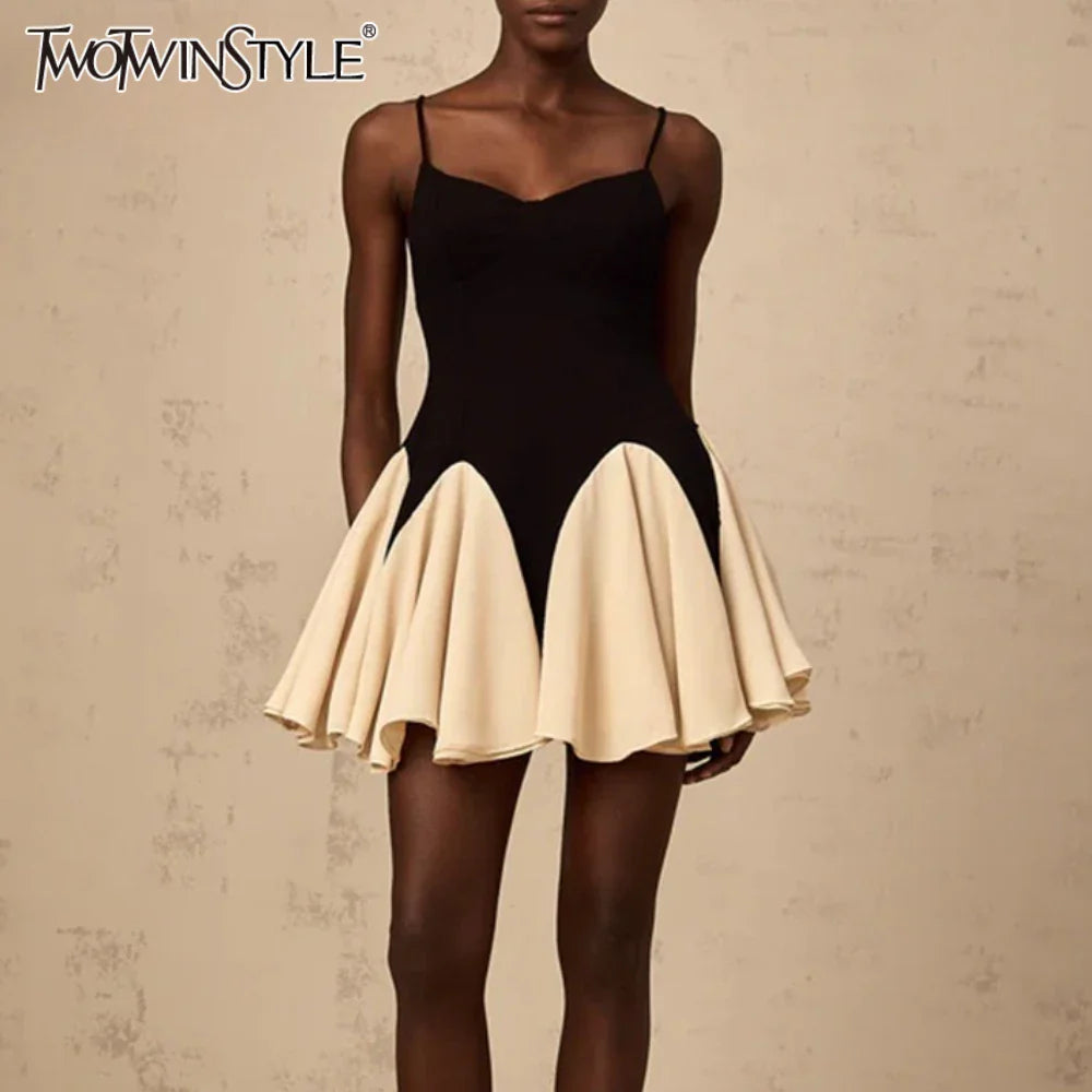 Hit Color Temperament Dresses for Women Square Neck Sleeveless Patchwork Ruffles Minimalism Dress Female Clothing