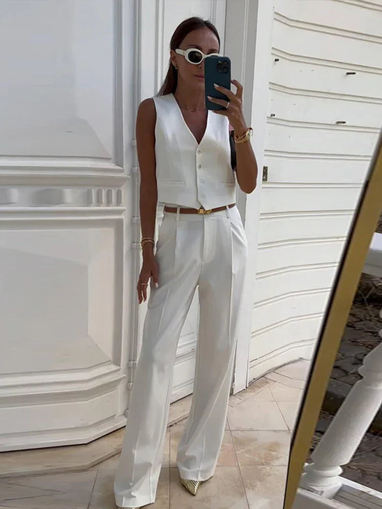 Solid Casual Vest Pants Women 2 Piece Set V-neck Sleeveless Single Breasted Vests Wide Trousers Summer Office Lady Outfit