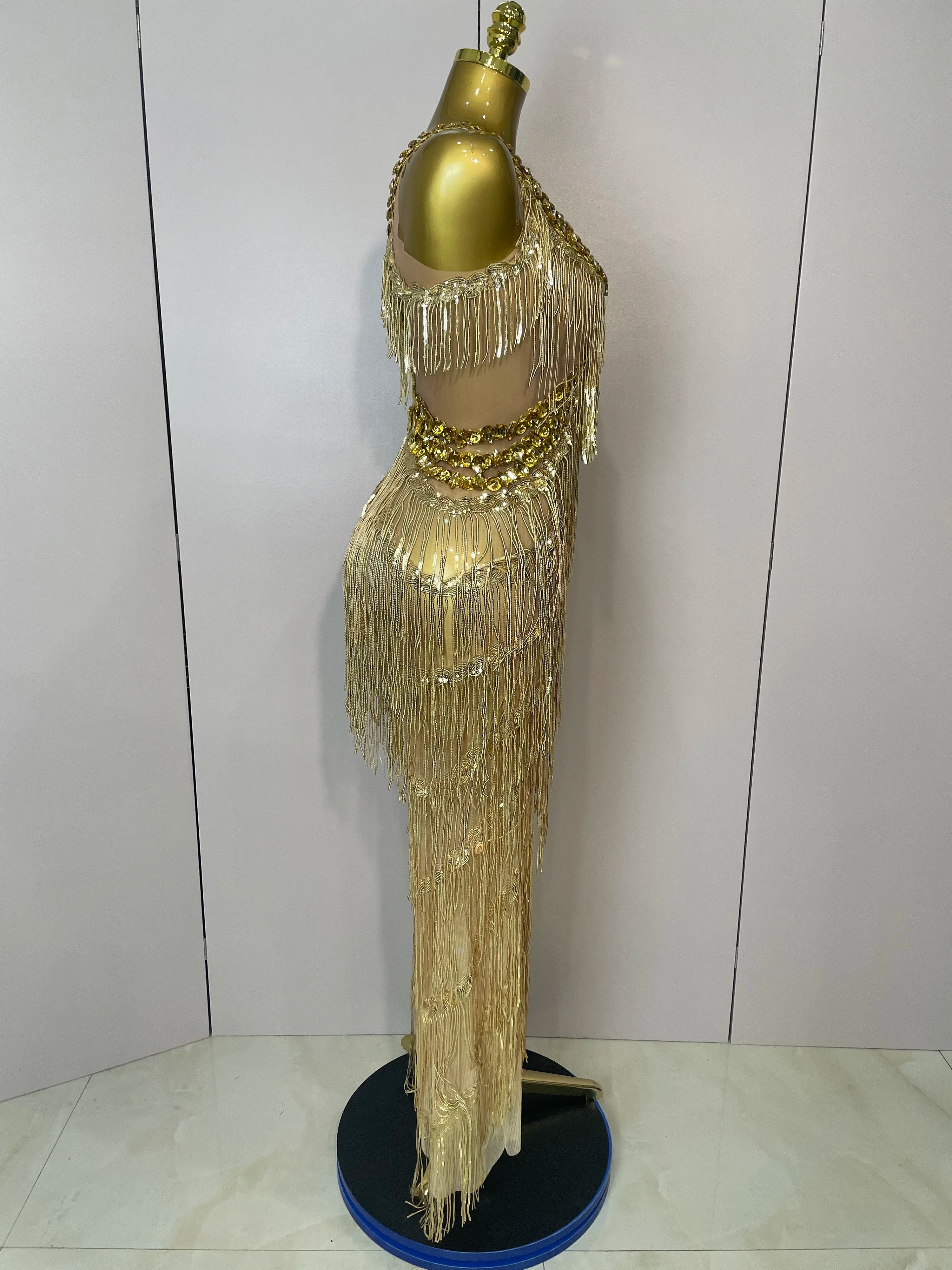 Shiny Gold Rhinestones Sequined Fringe Wide-leg jumpsuit 2025 Women Sexy Night Party Club Outfit Singer Stage Perform Costume