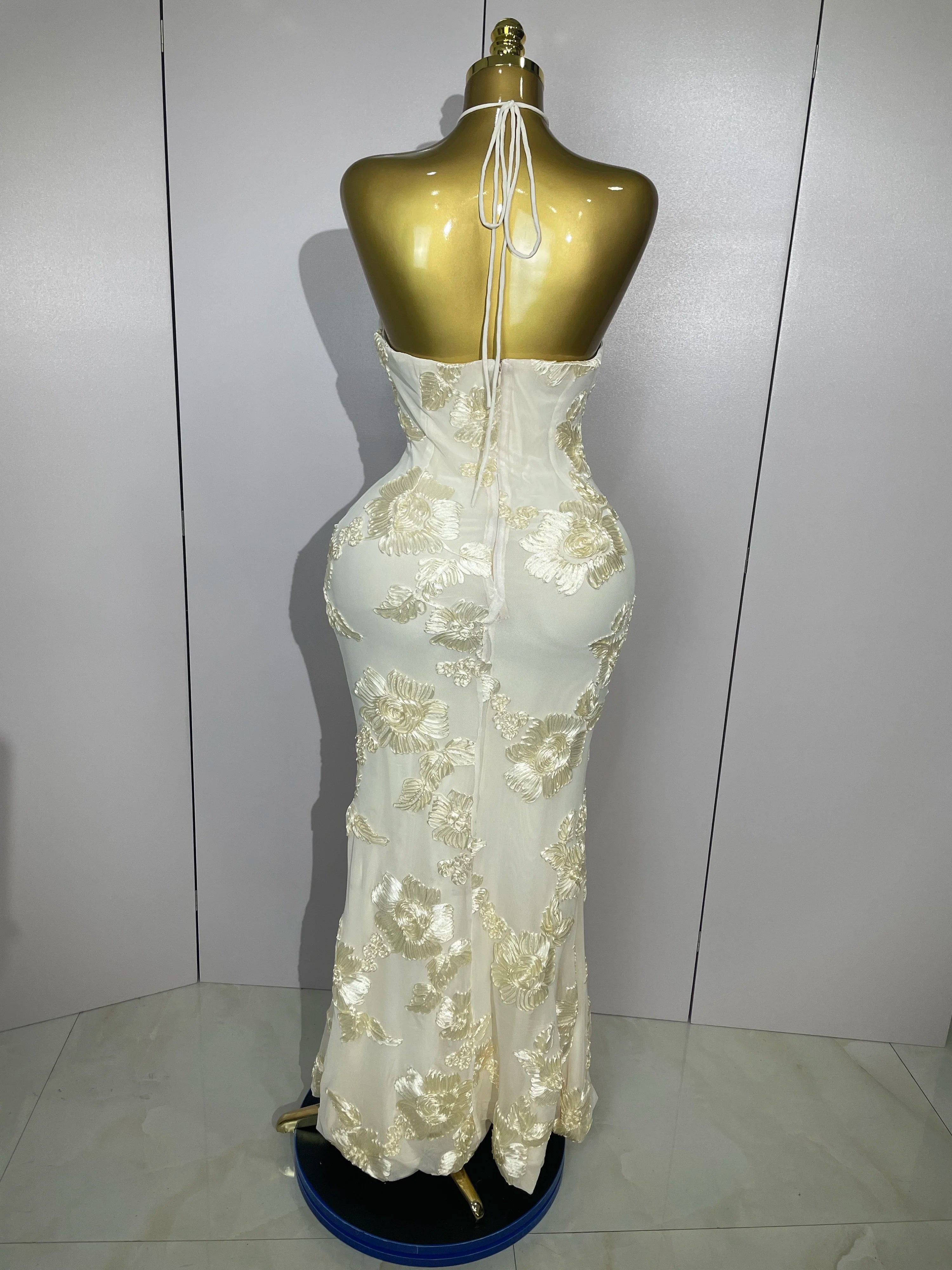 2025 New Sexy Halter High Waist Slim Embroidery Floral Long Dress Women Celebrate Evening Party Prom Fashion Cocktail Outfit