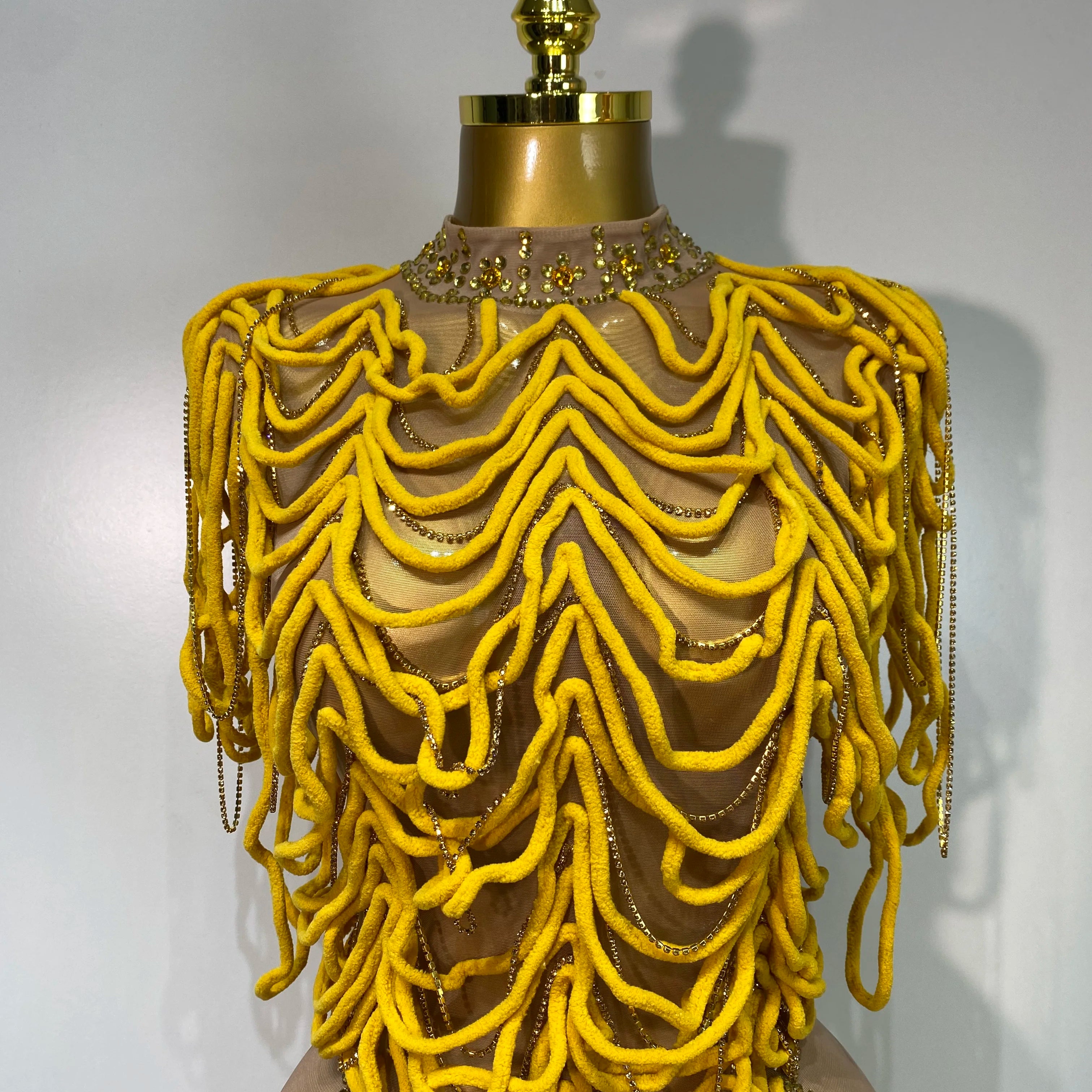 Women Sexy Mesh See Through Designer Rhinestones Chain Stage Performance Costume Nightclub Celebrate Party Luxury Birthday Dress