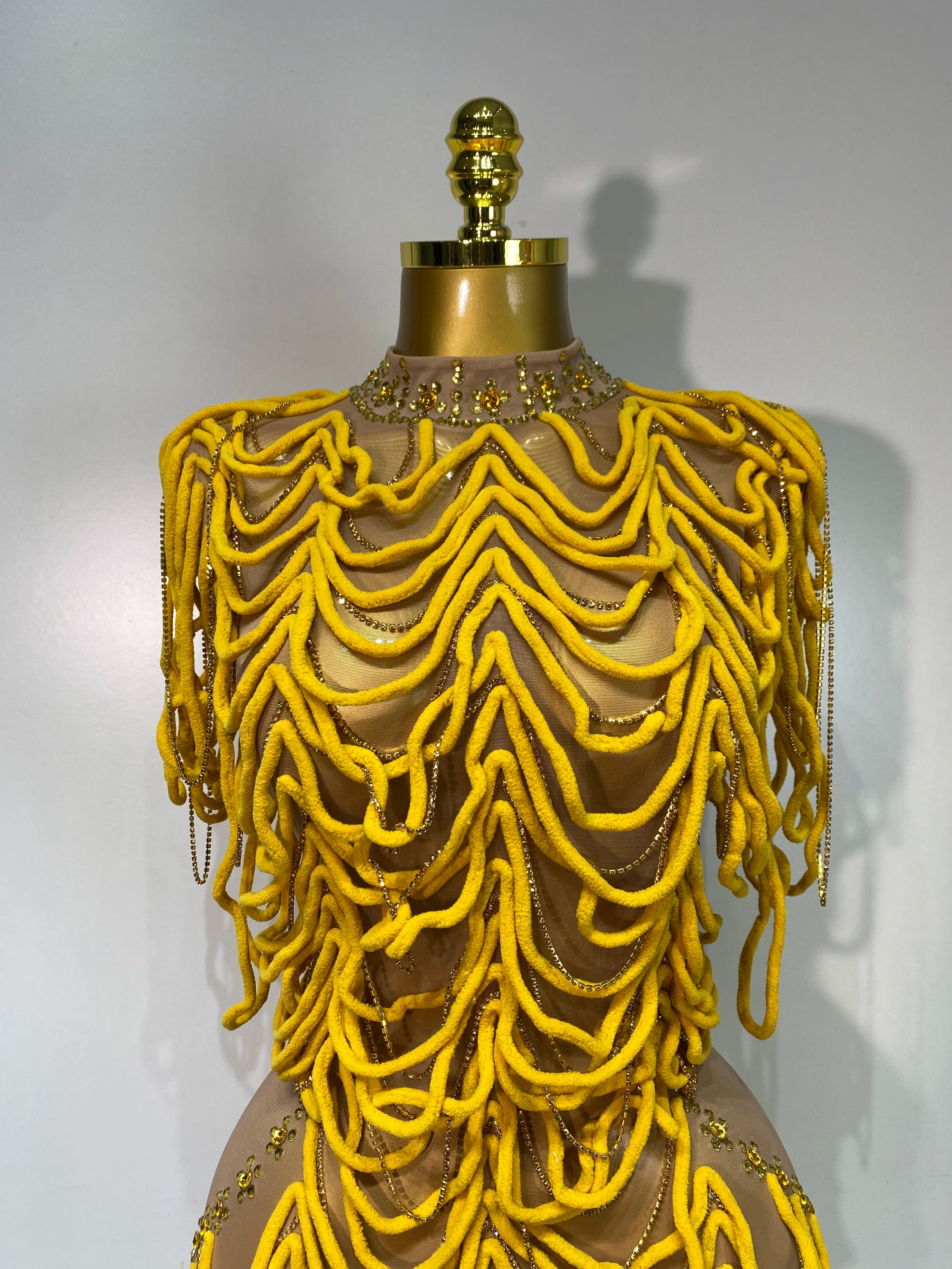 Women Sexy Mesh See Through Designer Rhinestones Chain Stage Performance Costume Nightclub Celebrate Party Luxury Birthday Dress