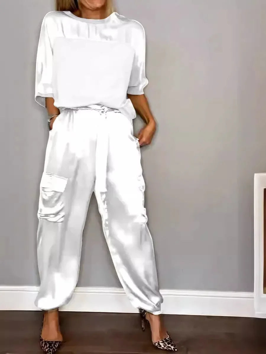 Summer Satin 2 Piece Set Women Casual Solid Color 2 Piece Outfit Half Sleeve Tops Loose Fit Pants Suit Two Piece Sets White