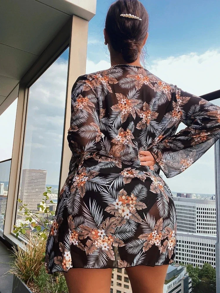 New 3 Pieces Set High Waist Bikini Women Swimsuit&Kimono Bandeau Swimwear Sexy Cover Ups Floral Beachwear Bathing Suit