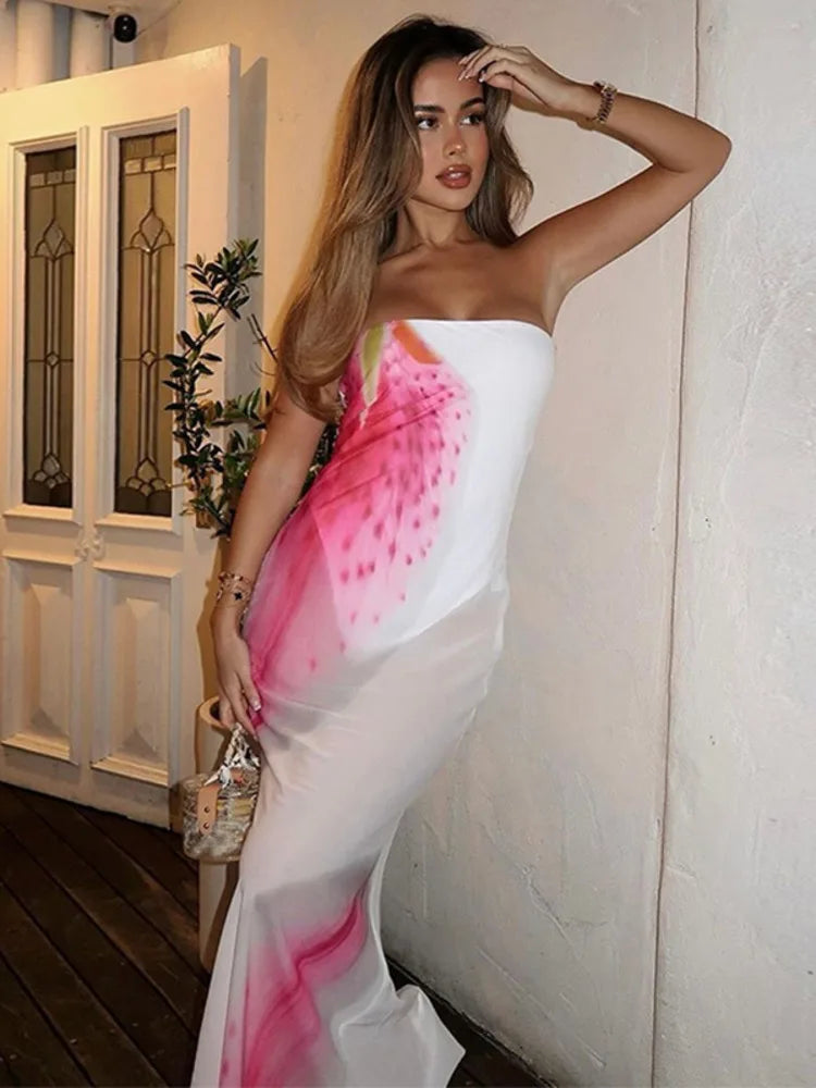 Mesh Floral Print Sexy Maxi Dress For Women Gown Off-shoulder Strapless Sleeveless Backless Bodycon Club Long Dress