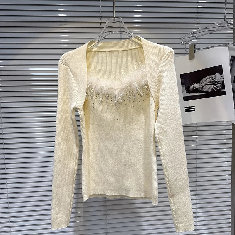 Winter New Elegant Fashion Shawl Slim Fit Knitted Sweater For Women Versatile Feather Patchwork Pullover 11A07523