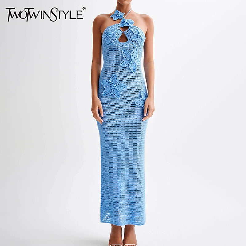 Patchwork Appliques Knitted Dress For Women Halter Sleeveless High Waist Slimming Dresses Female Fashion Clothes