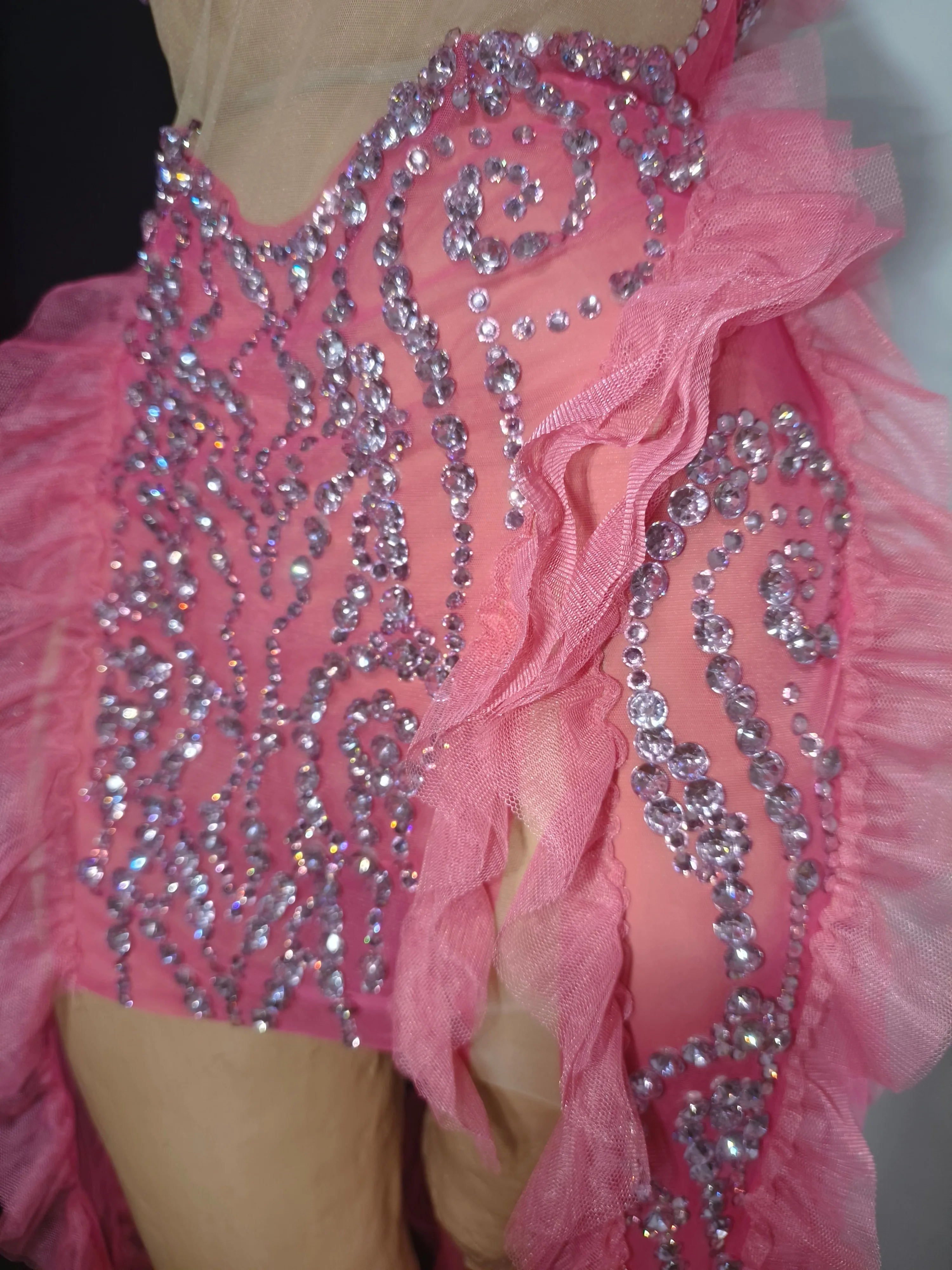 Elegant Pink Spaghetti Strap Mini Dress Women Sheer Mesh Rhinestone Ruffle Embellished Latin Dance Performance Costume