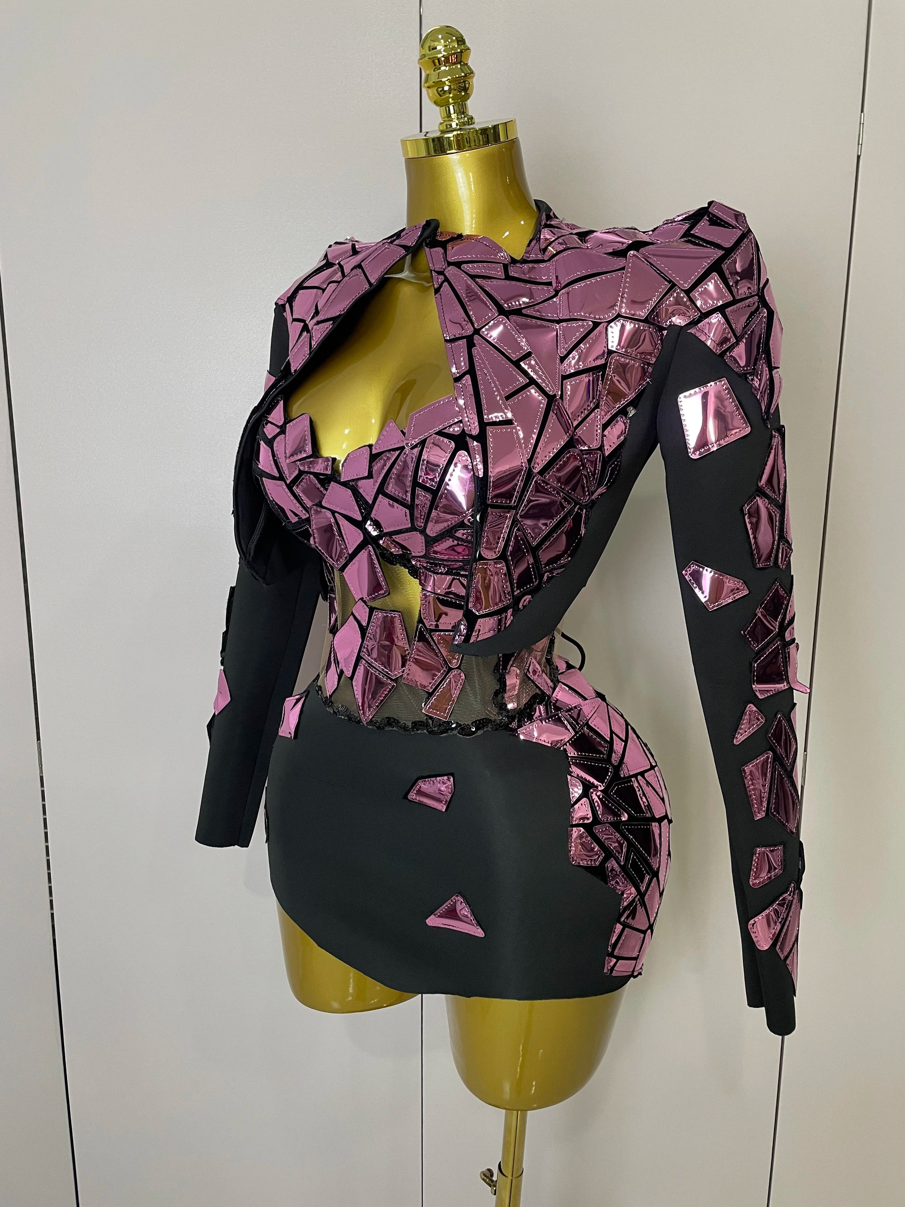 STOCK 2025 Women Sexy Pink Glitter Sequin Mirrors Short Skirt 3pcs Set Birthday Party Nightclub Queen Drag Stage Costume