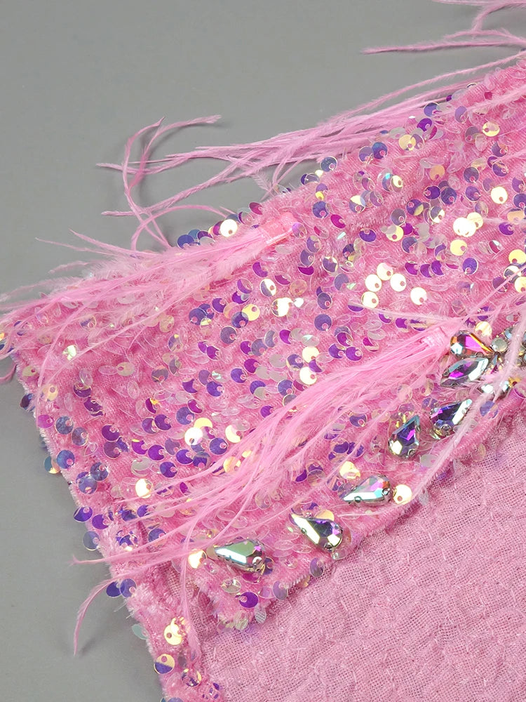 Pink Sparkly Sequins Long Dress Beaded Crystal Feather Embellished High Slit Straight Floor-length Prom Evening Gown Vestidos