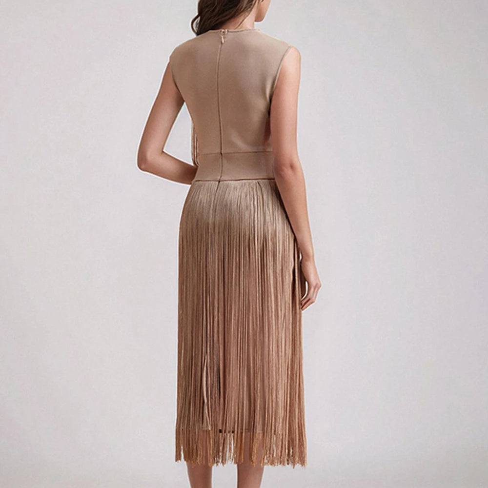 2025 New Tassel Patchwork Party Fashion Midi Dress Women Summer Sleeveless Solid High Street Ladies Vestidos