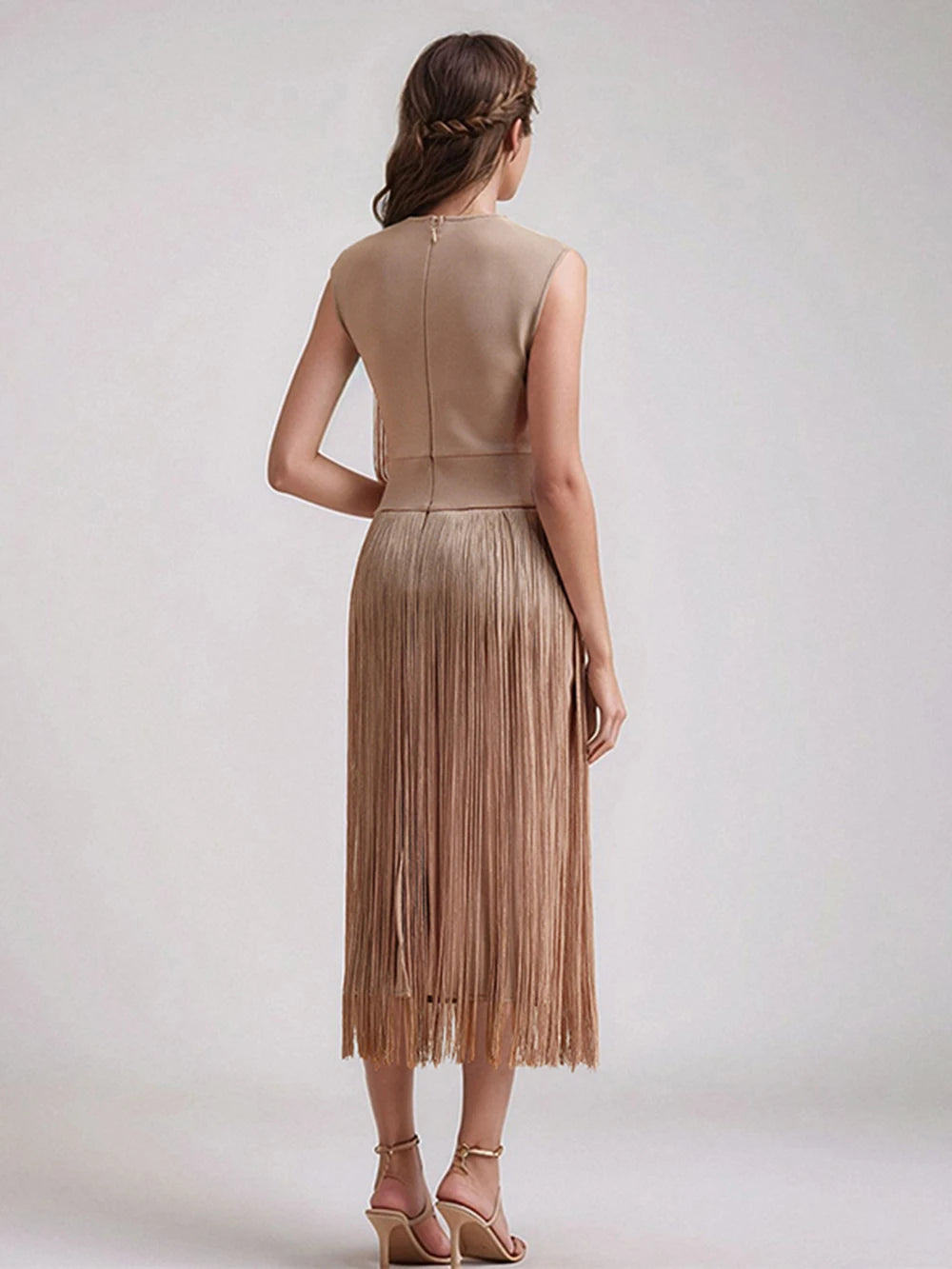 2025 New Tassel Patchwork Party Fashion Midi Dress Women Summer Sleeveless Solid High Street Ladies Vestidos