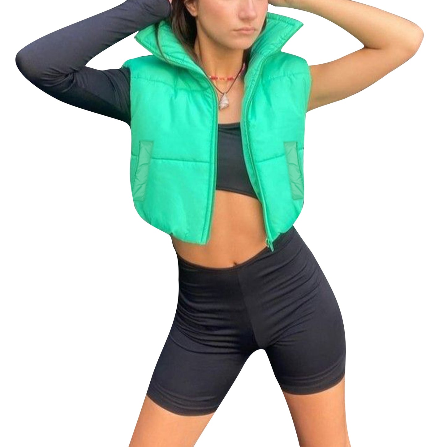 Gilet court chaud d'hiver pour femmes, gilet bouffant léger sans manches à col montant Double face