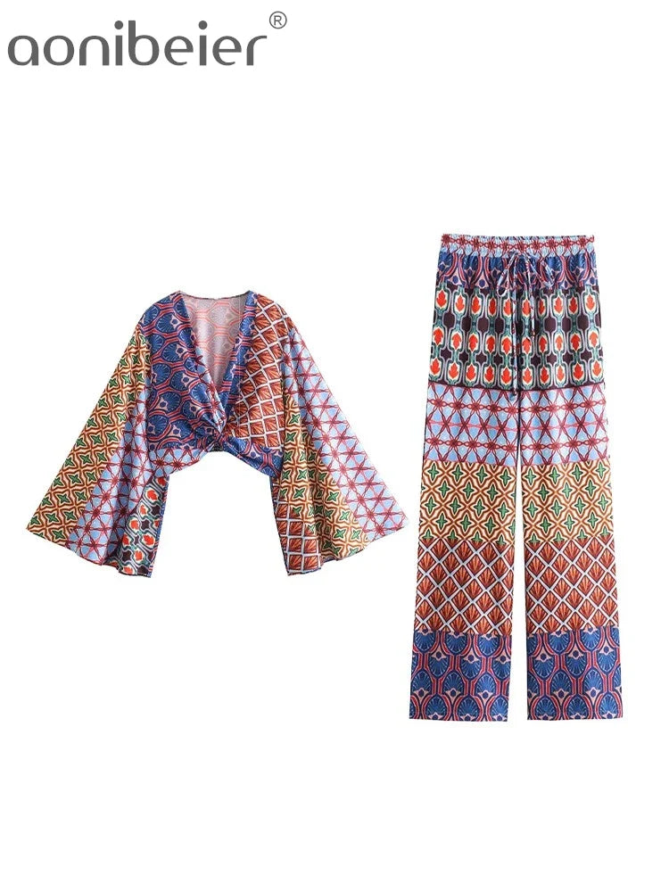 Aonibeier Printed Women Slim Shirt Wide Pants Suits Traf Summer Flare Sleeve Knot Front V Neck Crop Top Female Sets Y2K Outfits