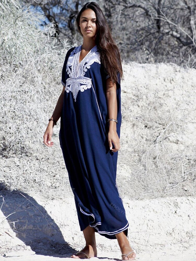 Vintage Embroidery Kaftan Sexy V-neck Batwing Sleeve High Waist Maxi Dress Tunic Women Clothing Summer Beach Dresses Q660