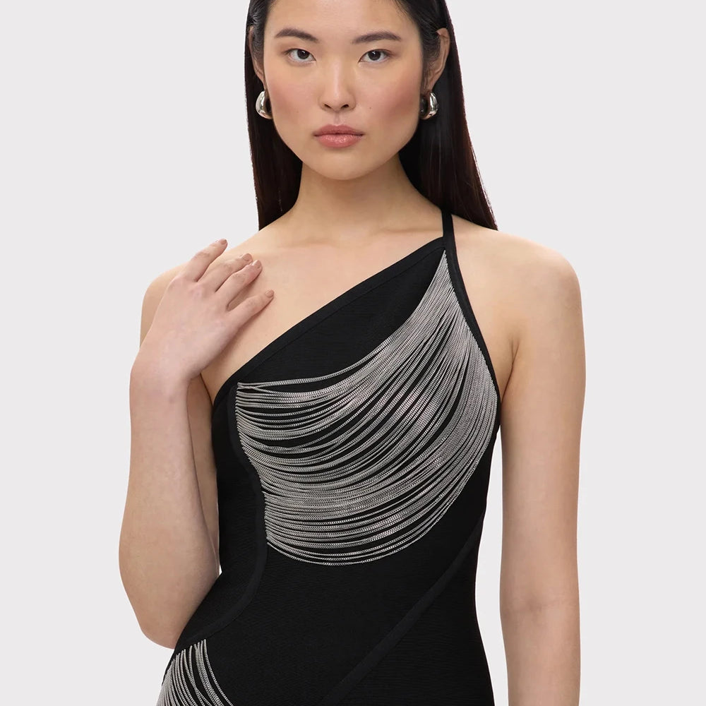 Women Sexy One shoulder Tassels Black Maxi Bodycon Bandage Dress 2025 Summer Elegant Cocktail Evening Club Party Gowns