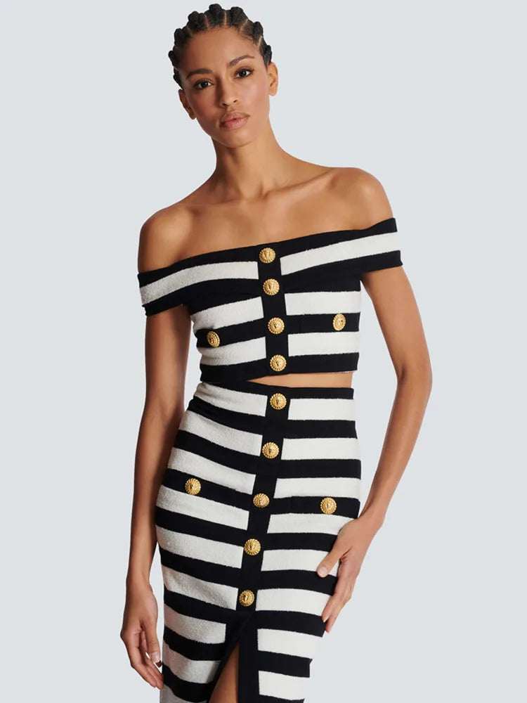 Women Celebrity Sexy Off Shoulder Striped Button Black White Bandage Skirt Set 2024 Knitted Elegant Evening Club Party Clothing