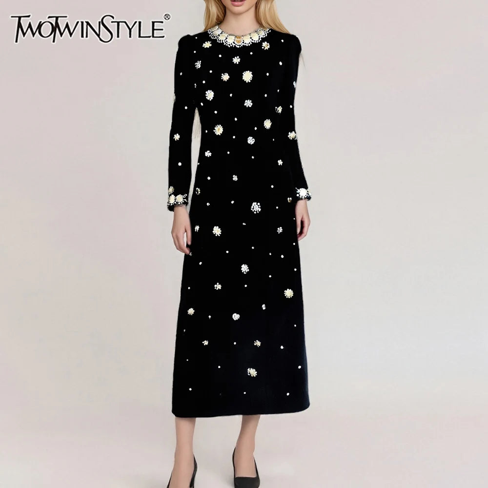 Hit Color Spliced Bead Luxurious Dresses for Women Round Neck Long Sleeve Patchwork Wave Point Elegant Dress Female