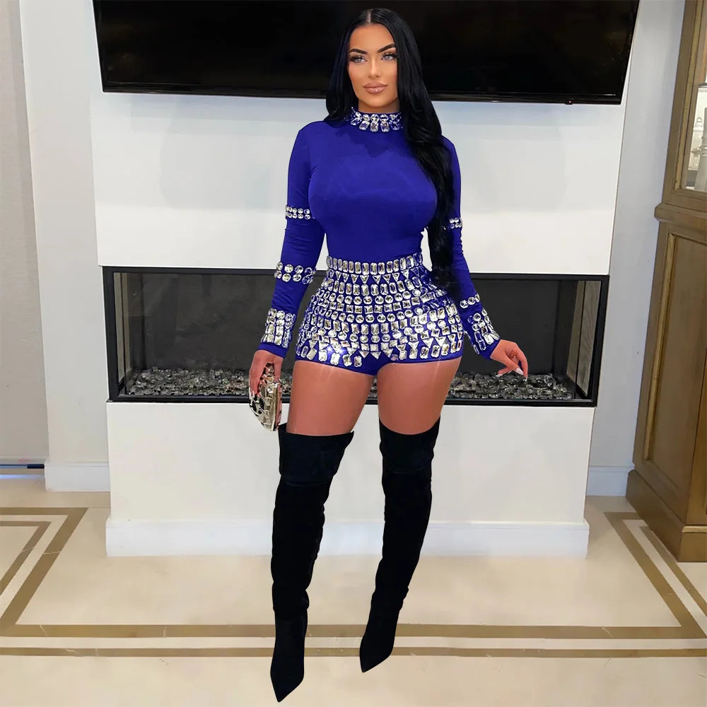 Women Diamonds Hot Rhinestones Long Sleeve Short Jumpsuits 2024 Summer Sexy Party Club One Piece Suit Rompers Playsuits Blue