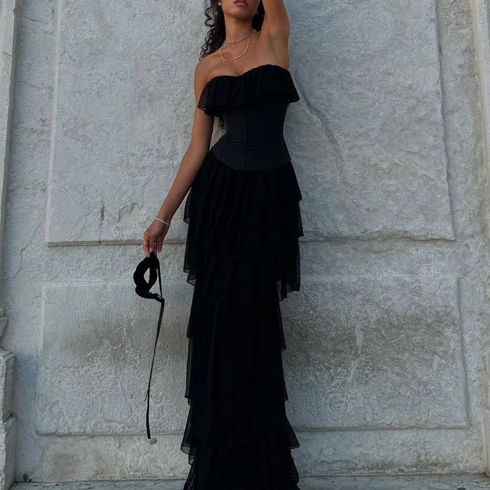2025 Women Sexy Strapless Ruffle Slim Maxi Dress for cummerbund Elegant Sleeveless Lady Evening Party Gowns Female Robes