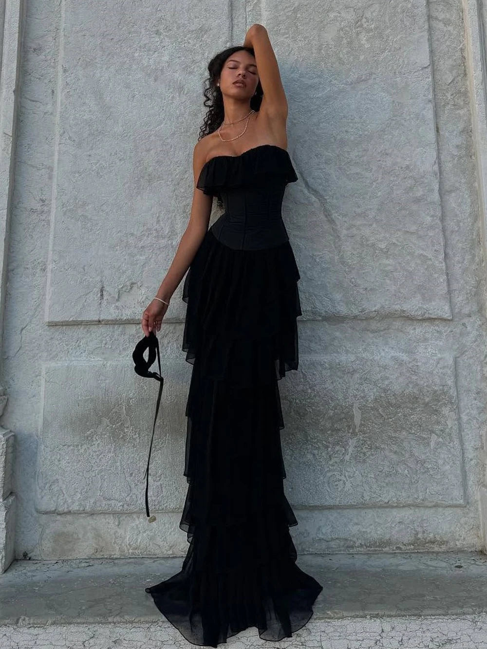 2025 Women Sexy Strapless Ruffle Slim Maxi Dress for cummerbund Elegant Sleeveless Lady Evening Party Gowns Female Robes