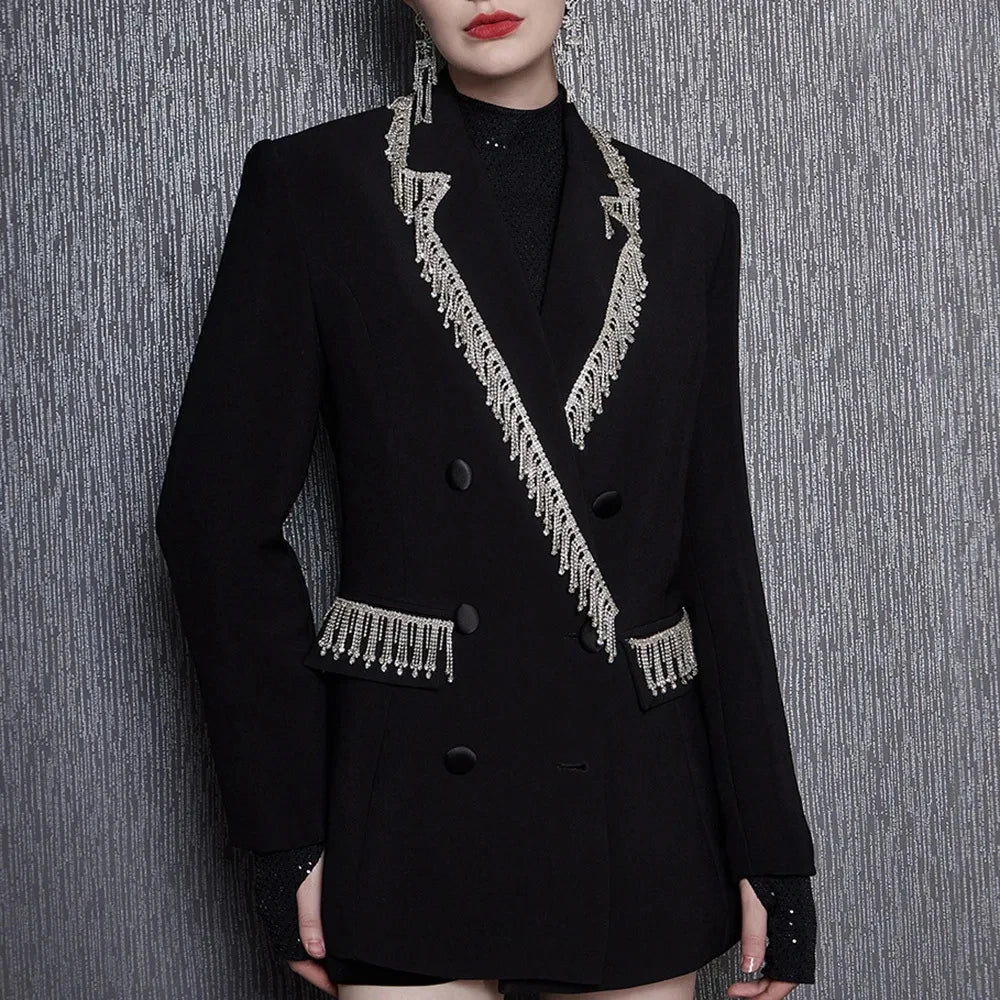 Solid Spliced Tassels Elegant Jackets for Women Lapel Long Sleeve Patchwork Double Breasted Blazer Demale Clothing BLACK