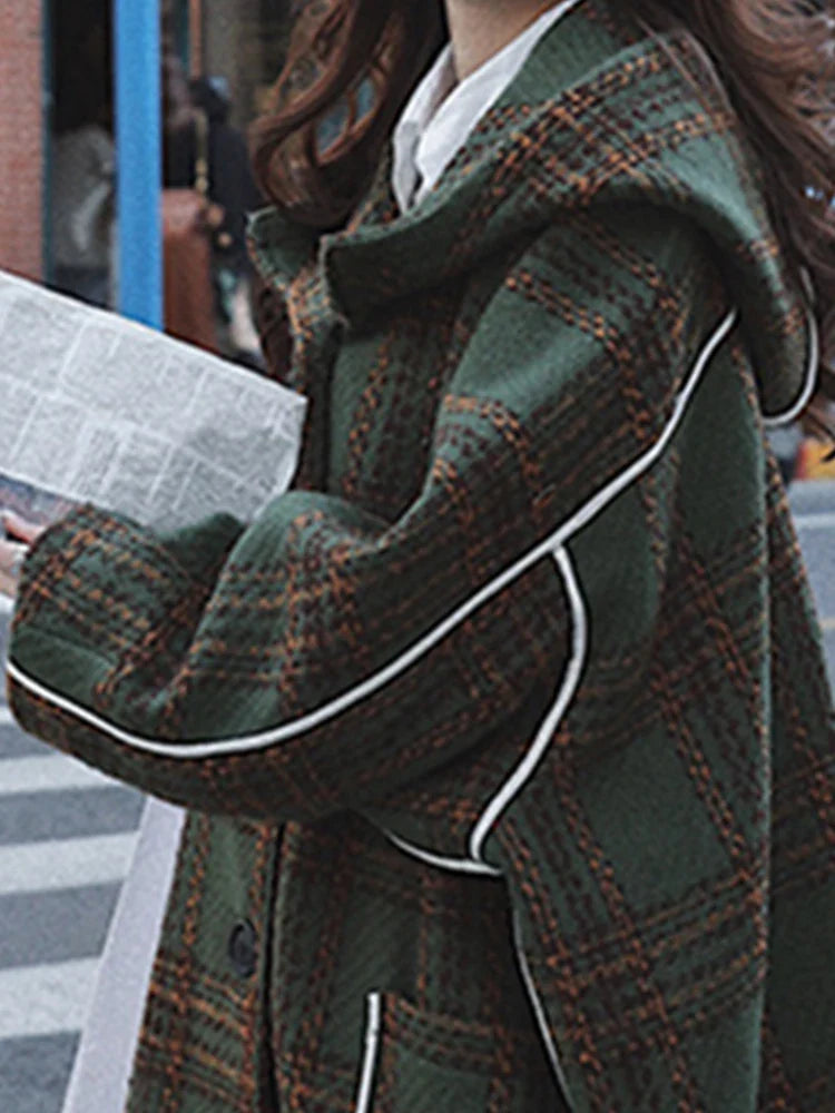 Autumn Winter Long Oversized Warm White Patchwork Plaid Wool Blends Trench Coats Women with Hood Runway Korean Fashion