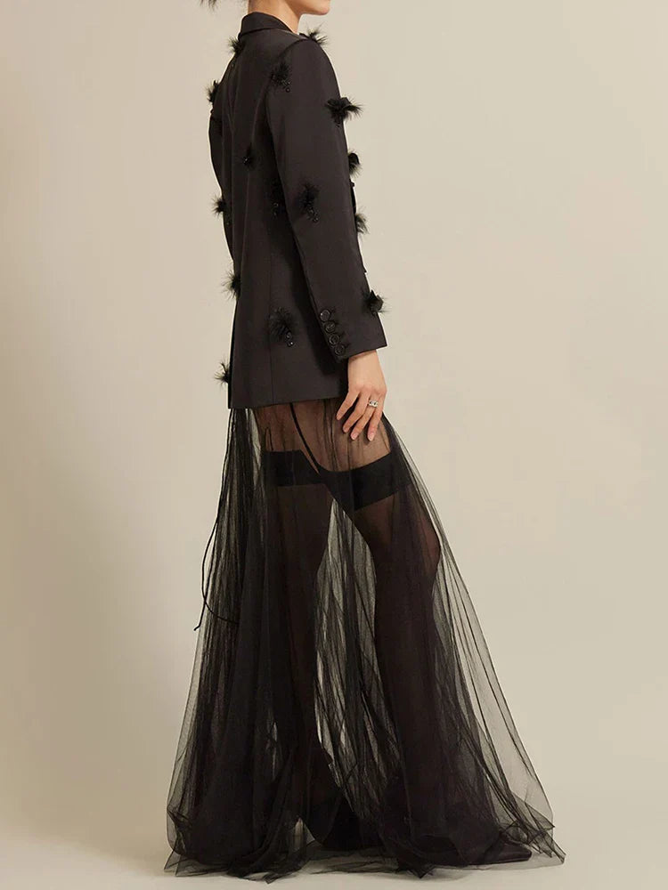 DEAT Fashion Women Blazer Notched Collar Single Button Mesh Patchwork Diagonal Collar Dresses Suit Jackets Spring CP1821