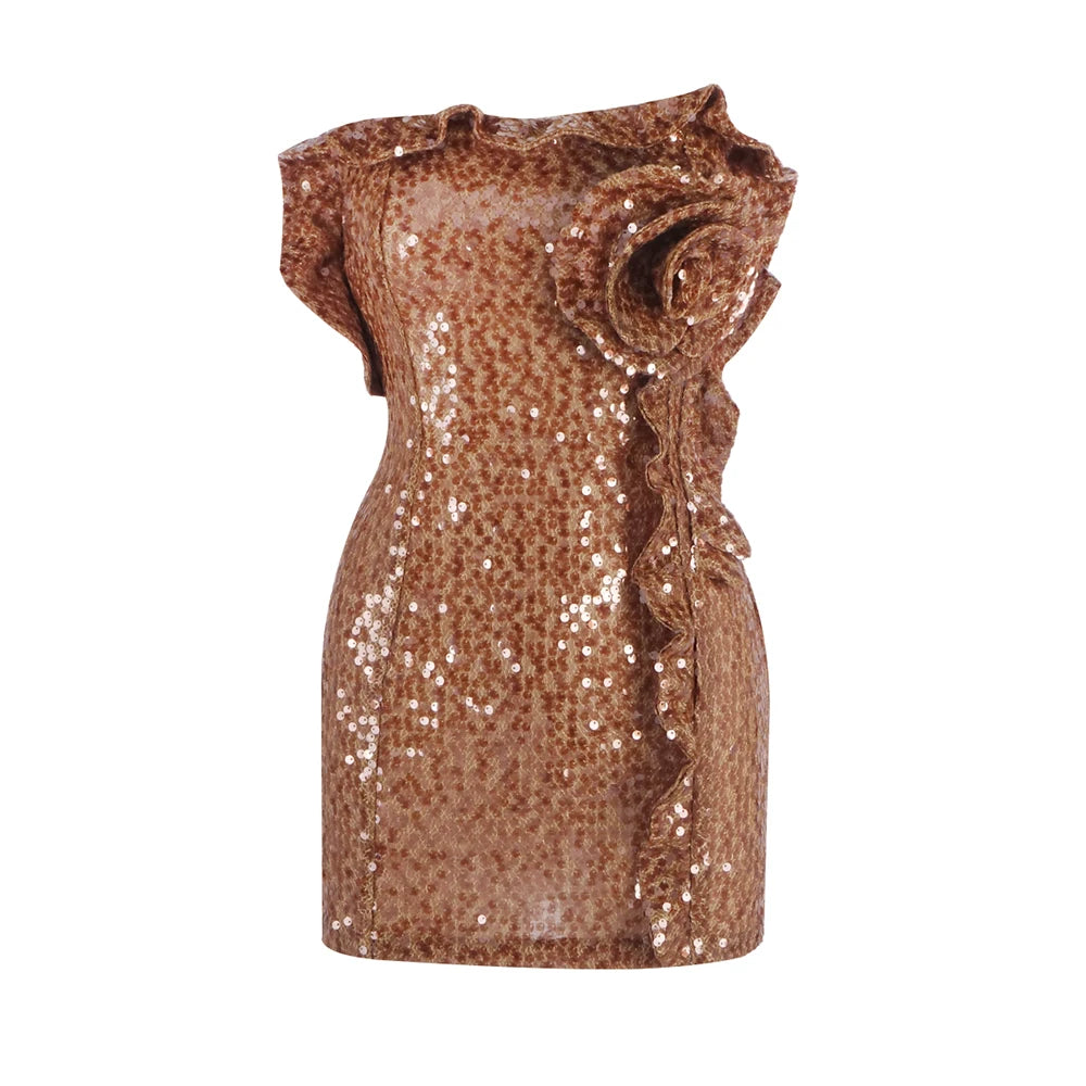 Stunning Strapless Sleeveless Brown Bodycon Mini Dress with Sequin Rose Detail for a Party Chocolate