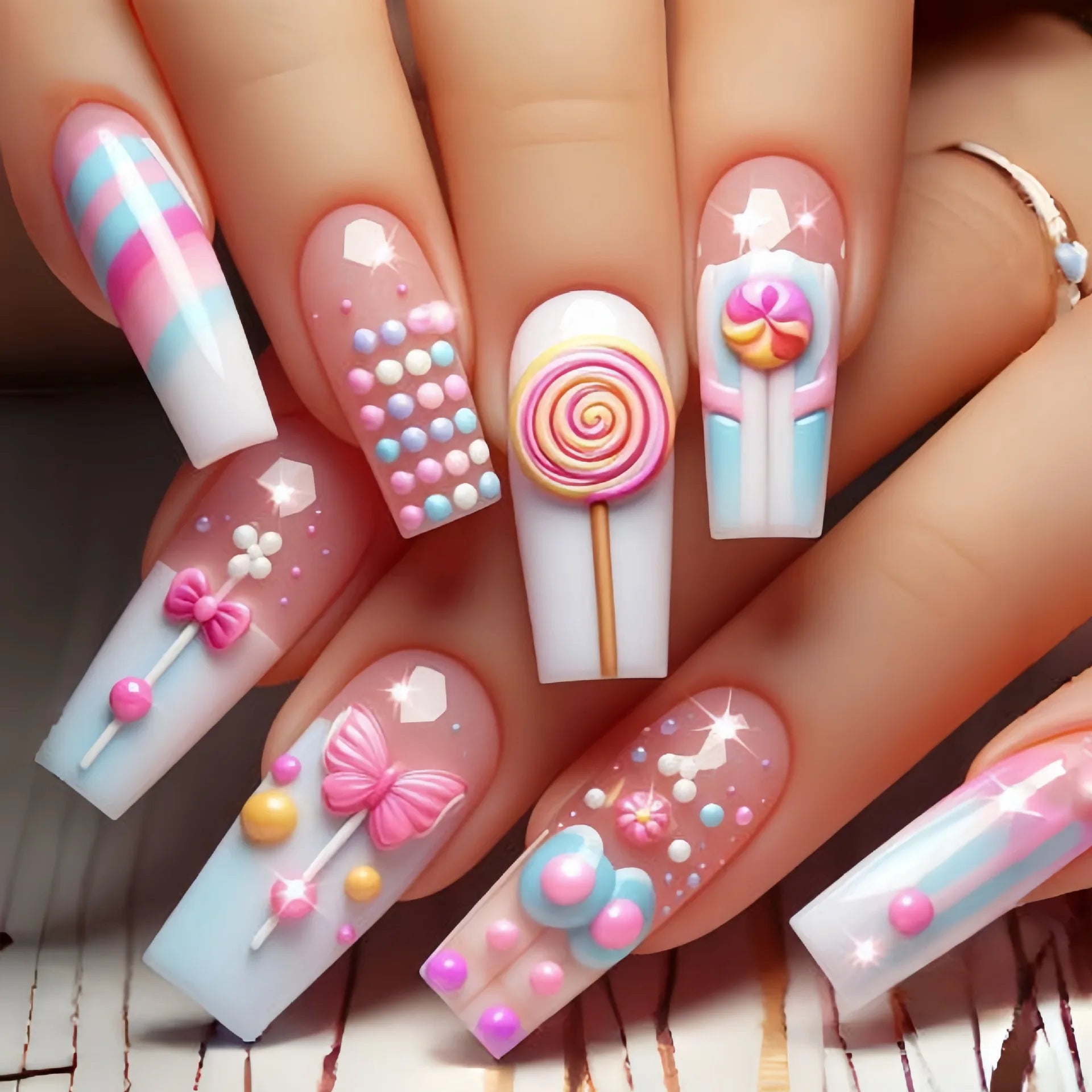 24Pcs Pink Sweet Press on Nails Square Head Colorful Cute Wearing Nail Art with Candy Dessert Design Removable Fishion Manicure 1