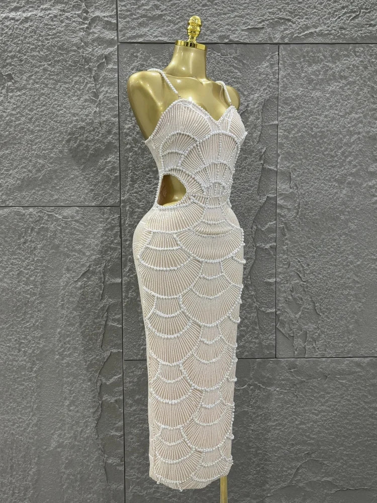 Hot Sale Women Sleeveless Sexy Strap Pearl Beading Bodycon Long Dress Celebrate Evening Party Birthday Cocktail Outfit