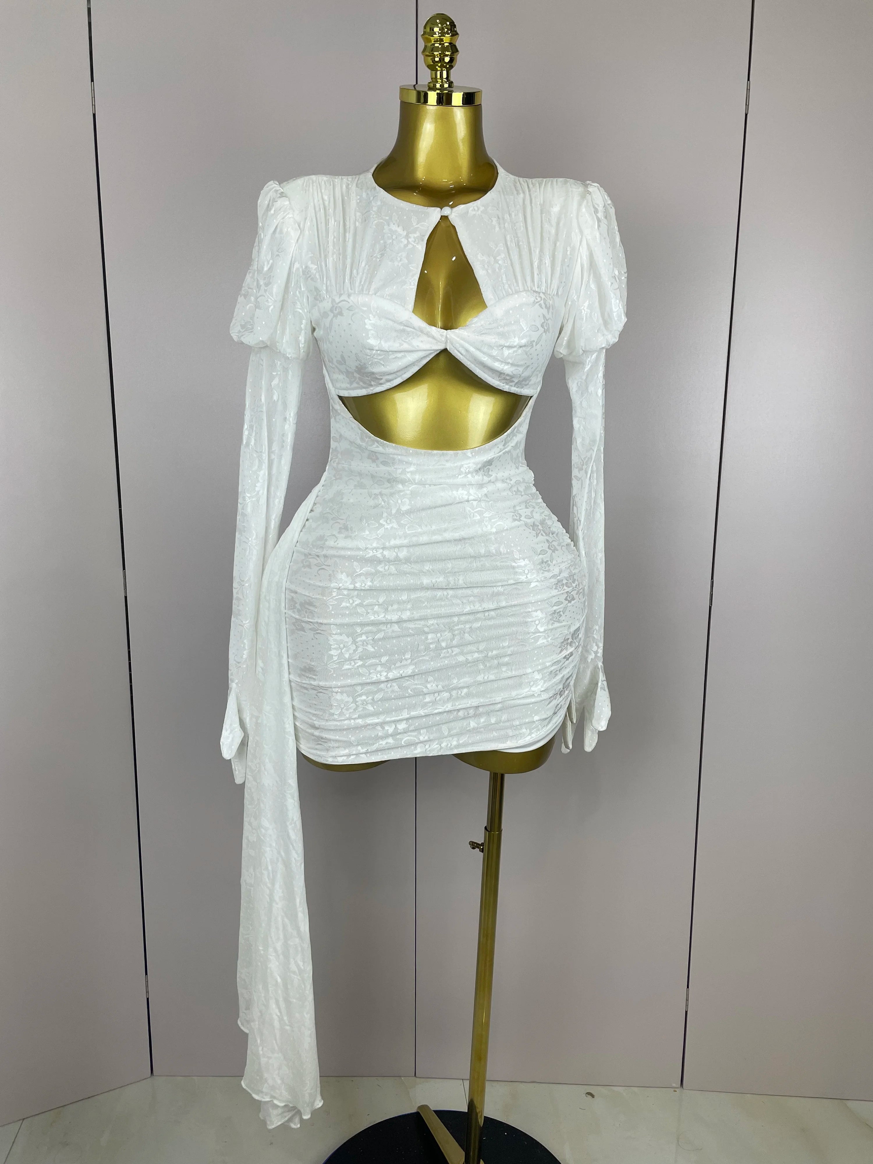 2025Women White Birthday Dress Fashion Long Sleeve O Neck Cut Out Bodycon Mini Trailing One Piece Celebrity Evening Club Dresses WHITE