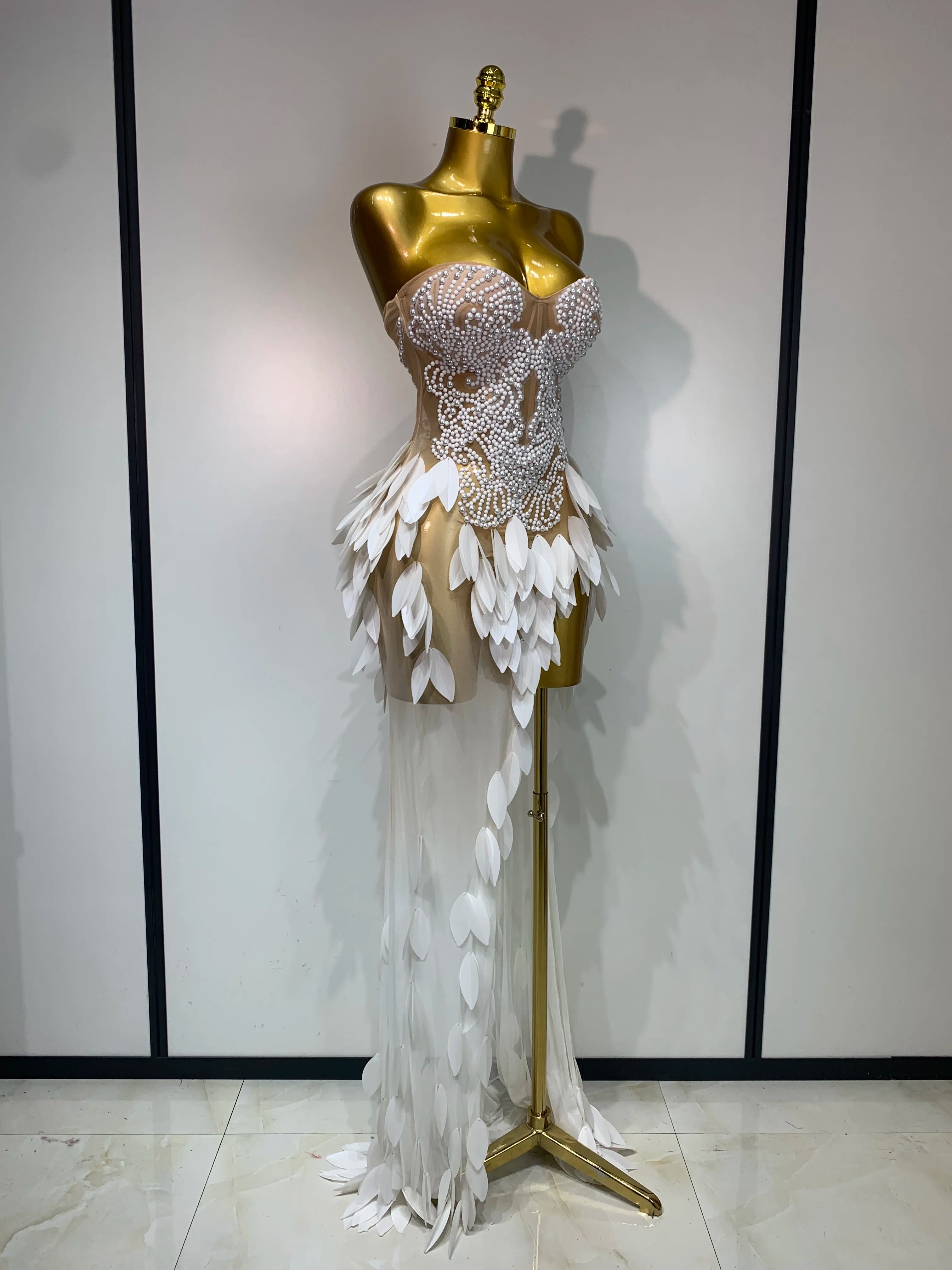 Elegant Pearl Dress Sexy Transparent Mesh Maxi Long Dresses Women Evening Party Wedding Gown Red Carpet Celebrity Stage Outfit