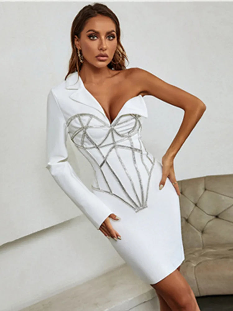 Winter Sexy Long Sleeve Single Beading Sparkly White Mini Women Bodycon Bandage Dress 2022 Elegant Evening Party Dress Vestido