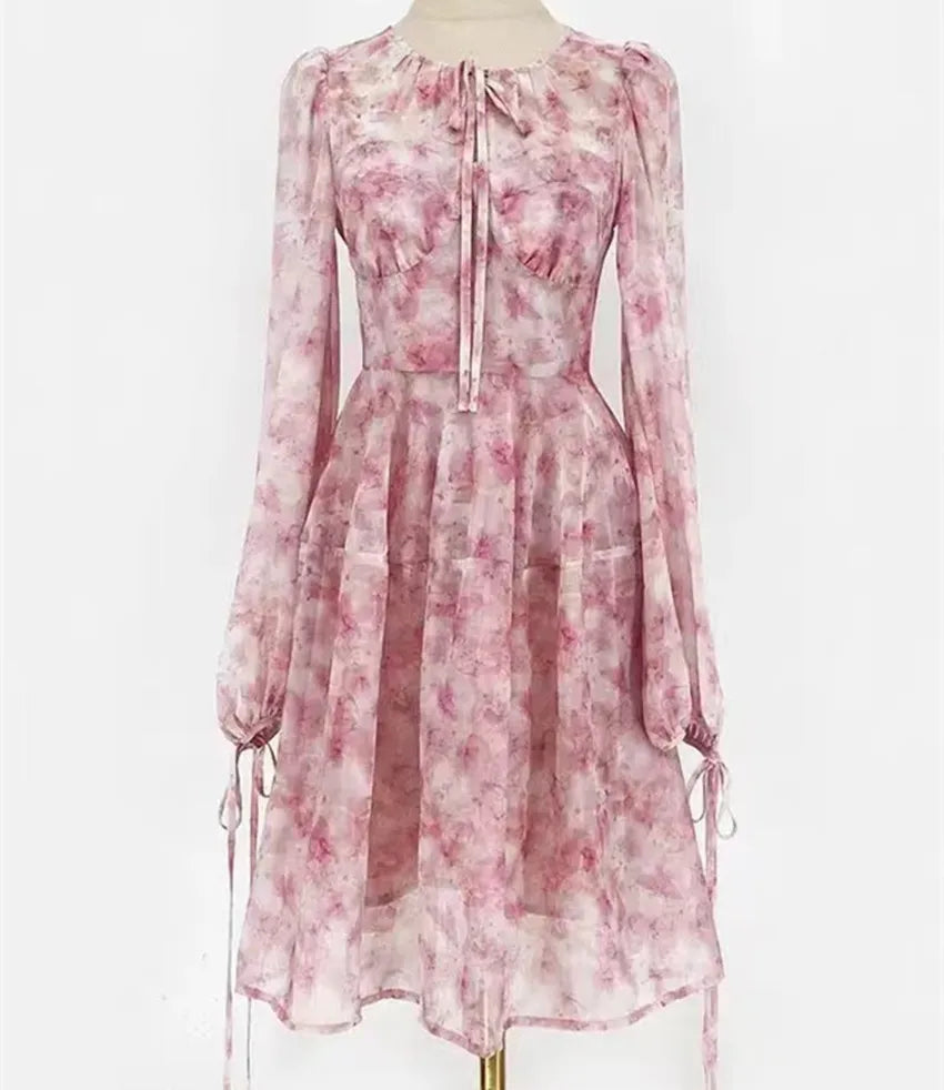 Chic French Elegant Spring Pink Printing Holiday Dress For Women Lace Up O Neck Lantern Sleeve Flower Chiffon High Waist Dresses