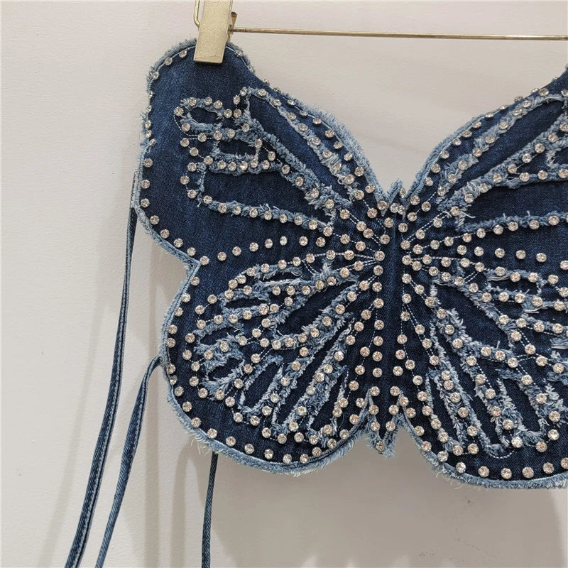 Spring Fashion New Halter Neck Strap Denim Vest For Women Backless Tie Rhinestone Butterfly Design Tank Top 11A07882
