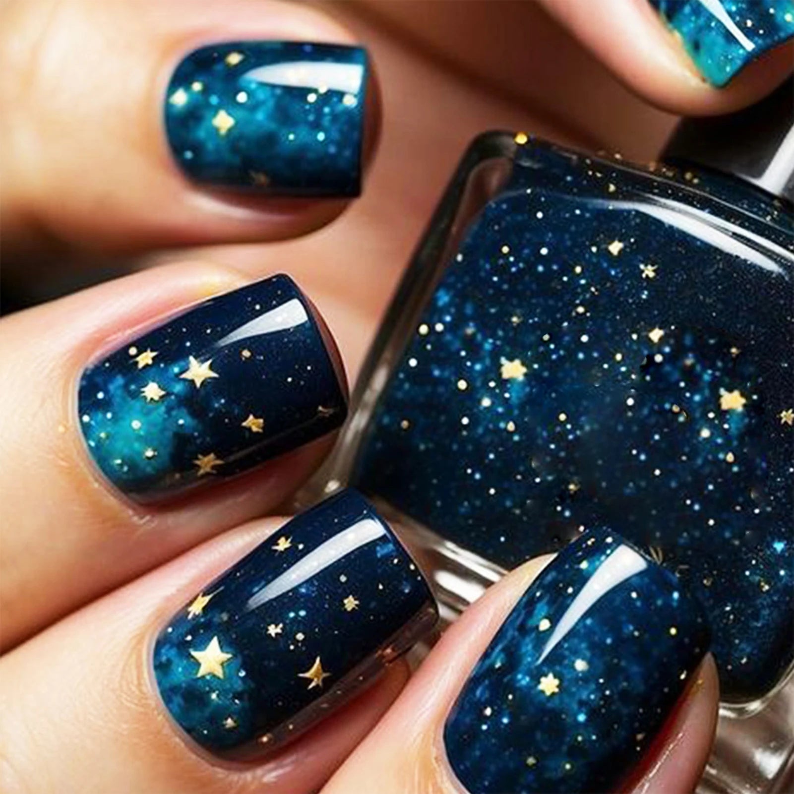 Shiny Blue Fake Nails 24Pcs Short Square Press On Nails Sparkly Gold Star Designs Reusable Acrylic False Nails Tips for Woman Y1