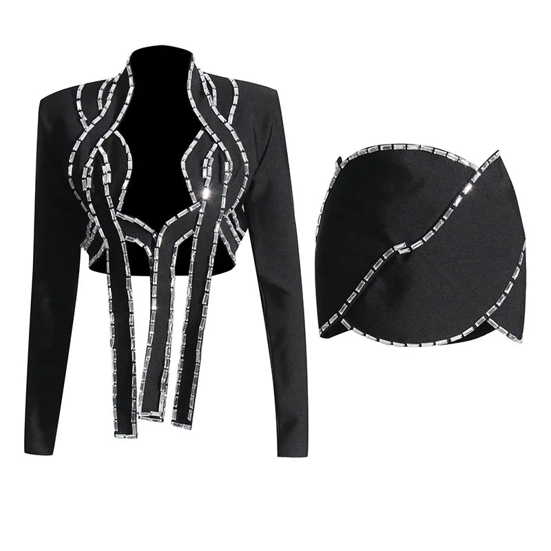 Special Design Suit Woman Set Shining Diamonds Crop Jacket And Mini Dress 2 Pieces Stylish Evening Party Outfit