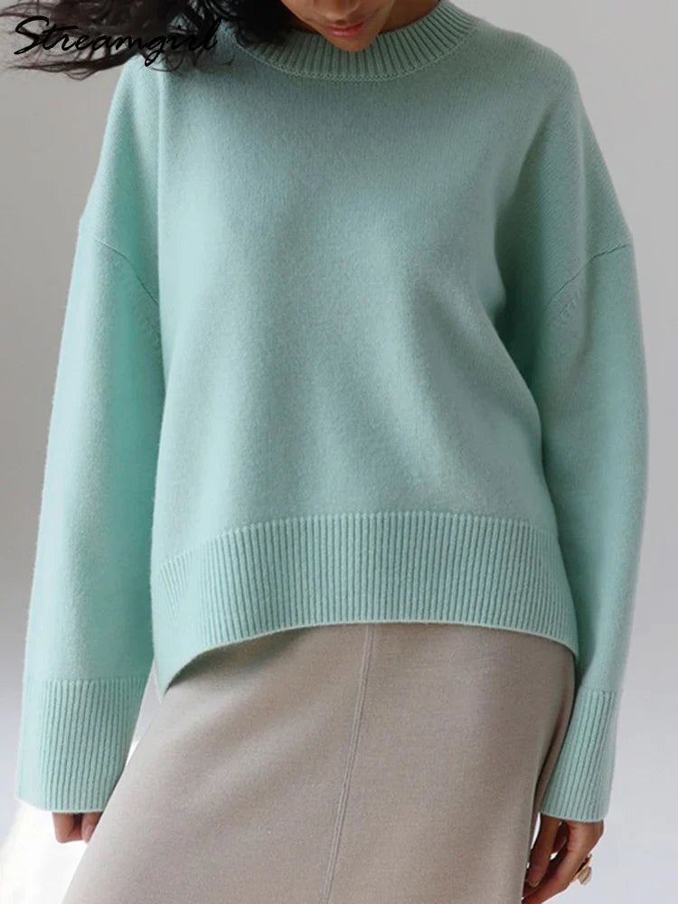 Basic Sweaters For Women Oversize O Neck Knitted Pullovers Autumn Winter Loose Tops Women's Jumper Light Blue Sweaters Oversized Emerald