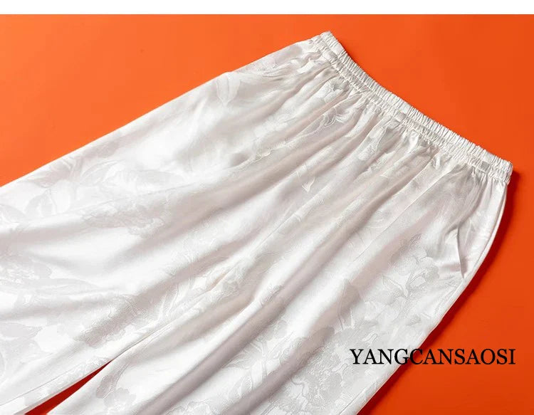 Women's Fashion Spring New 45MM Heavyweight 100%Natural Mulberry Silk Jacquard Satin White Versatile Wide Leg Pants