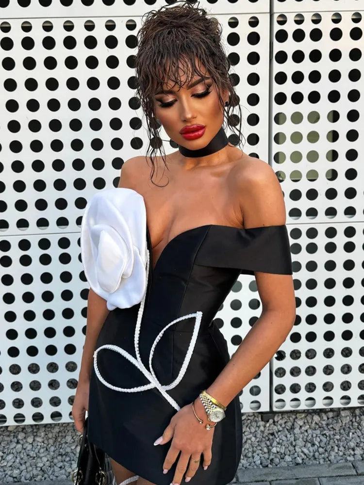 Women Celebrity Sexy Off Shoulder White Flower Black Mini Bodycon Bandage Dress Elegant Evening Club Party Dress