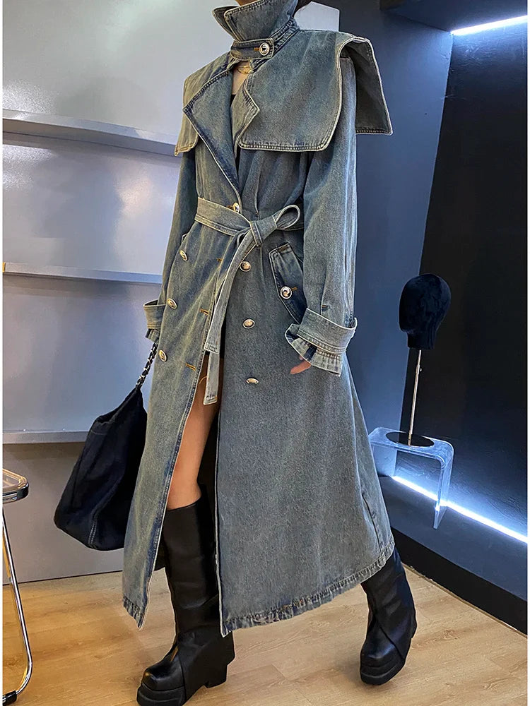 DEAT Fashion Women's Denim Jackets Loose Big Double Layer Collar Single Breasted Long Sleeve Sashes Coat Winter New 17A4709