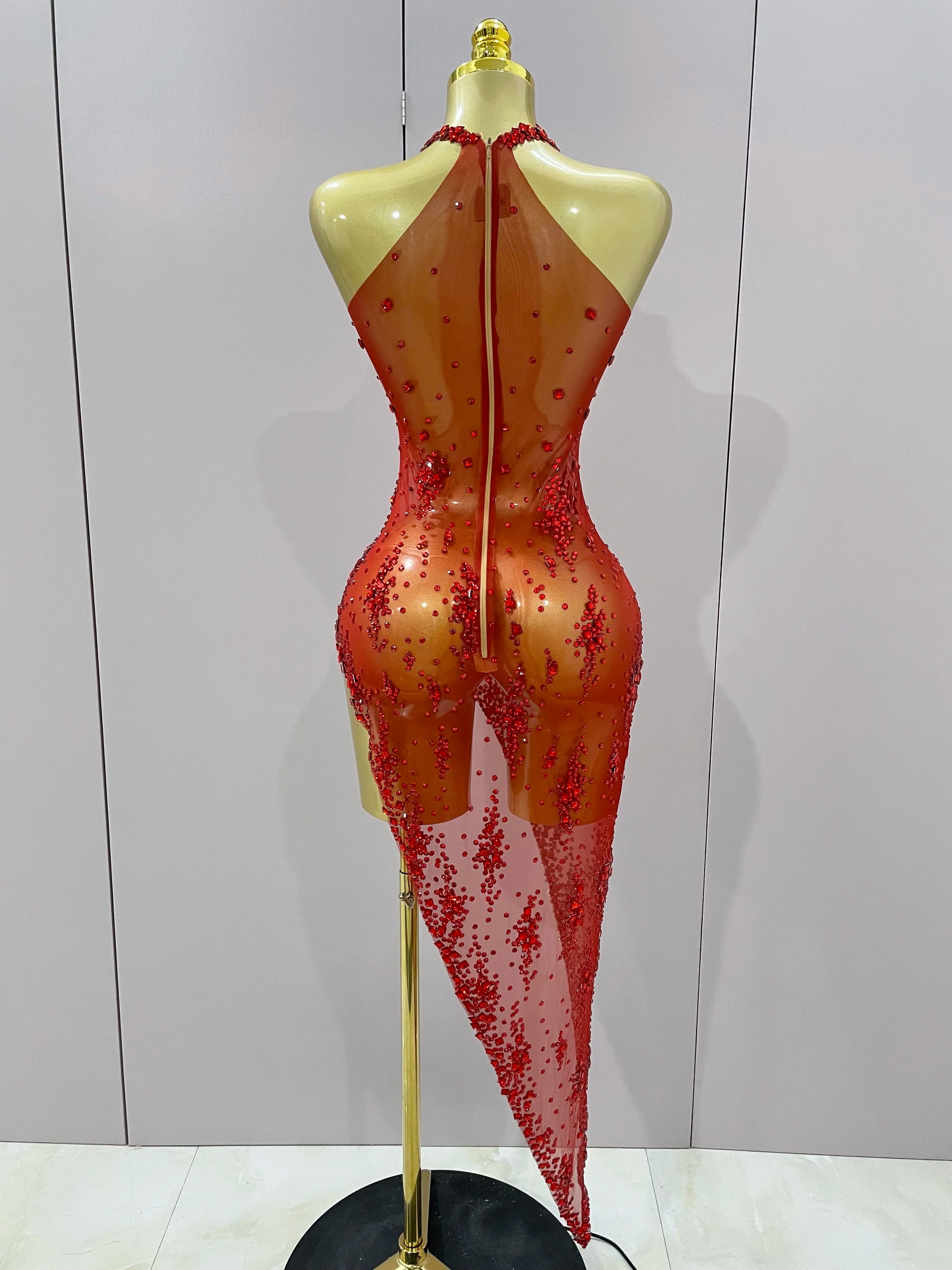 2025 New Sparkly Rhinestone V Neck Stretch Mesh Sexy See Through Dress Women Elegant Party Celebrate Perform Costume Stage Outfi