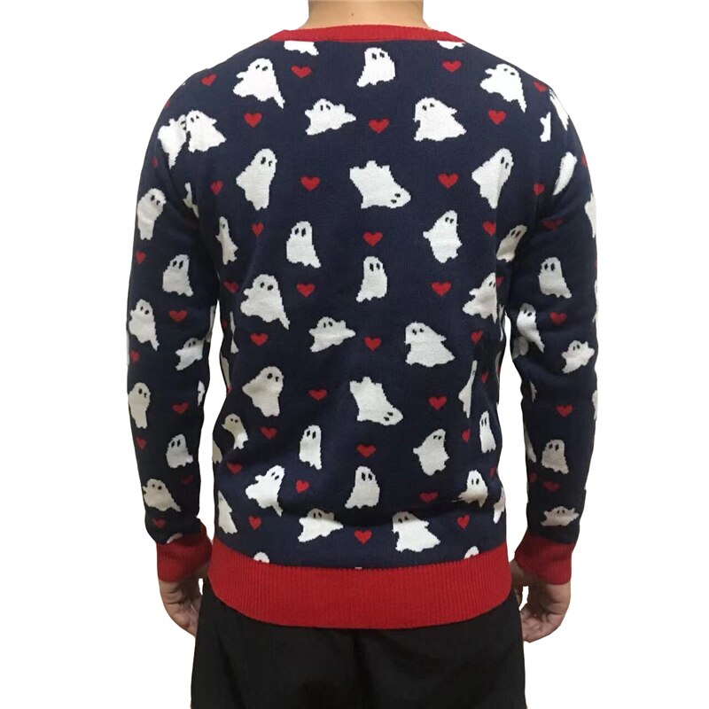 Unisex Cute Knit Funny Be My Boo Ghost Pattern Crewneck Navy Blue Funny Men and Women Ugly Halloween Sweater