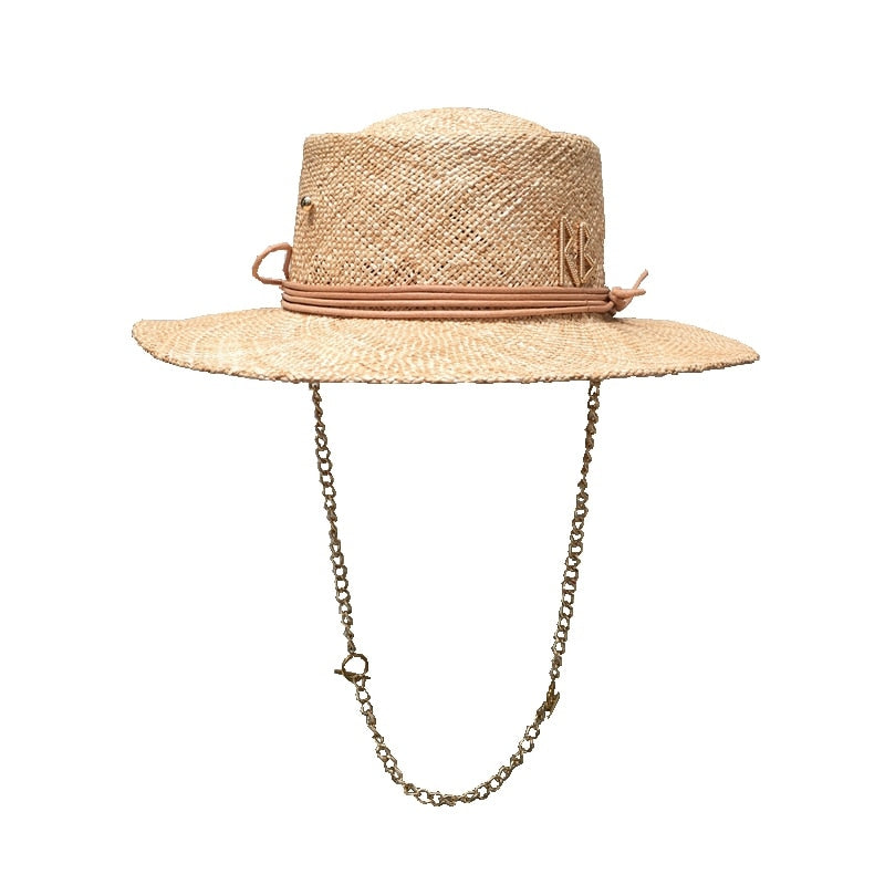 Straw hat for women with letter and chain Wide Brim Floppy Sun Hat Summer Hats Lady Beach Cap
