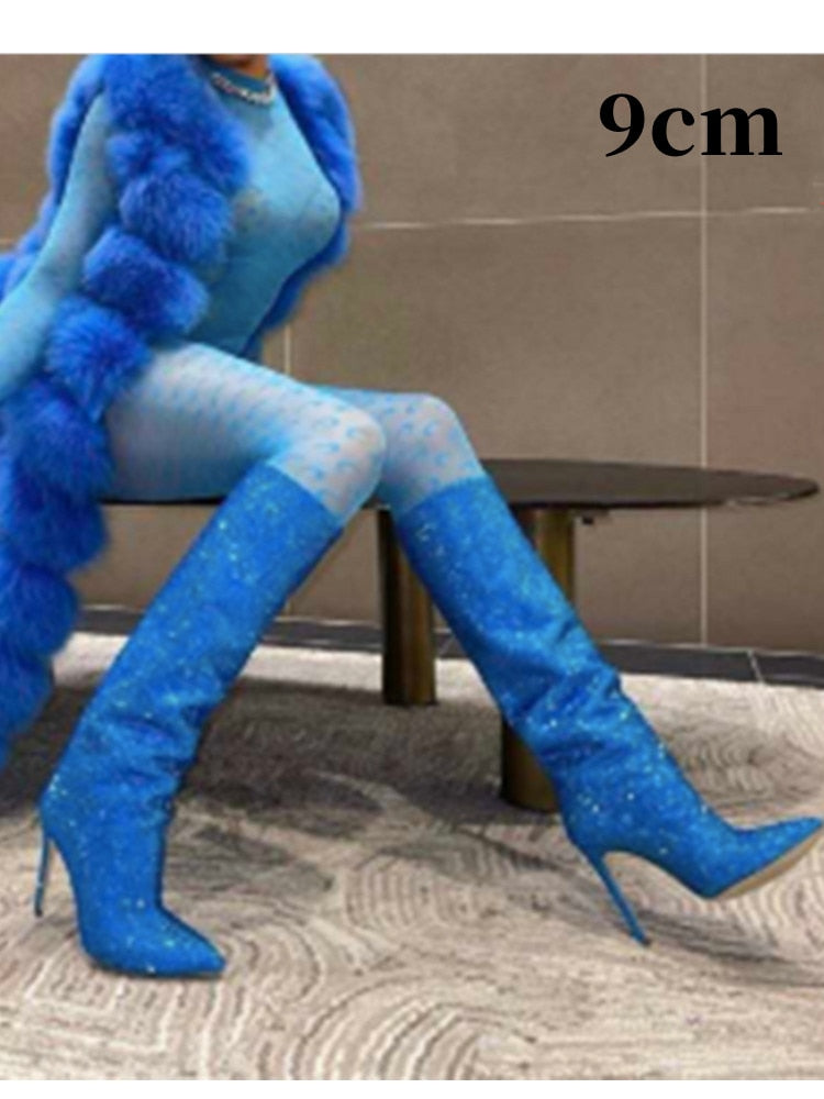 Women's New European and American Fashion Show Starry Sky High-heeled Rhinestone Pointed Nightclub Four Seasons Boots blue 9cm