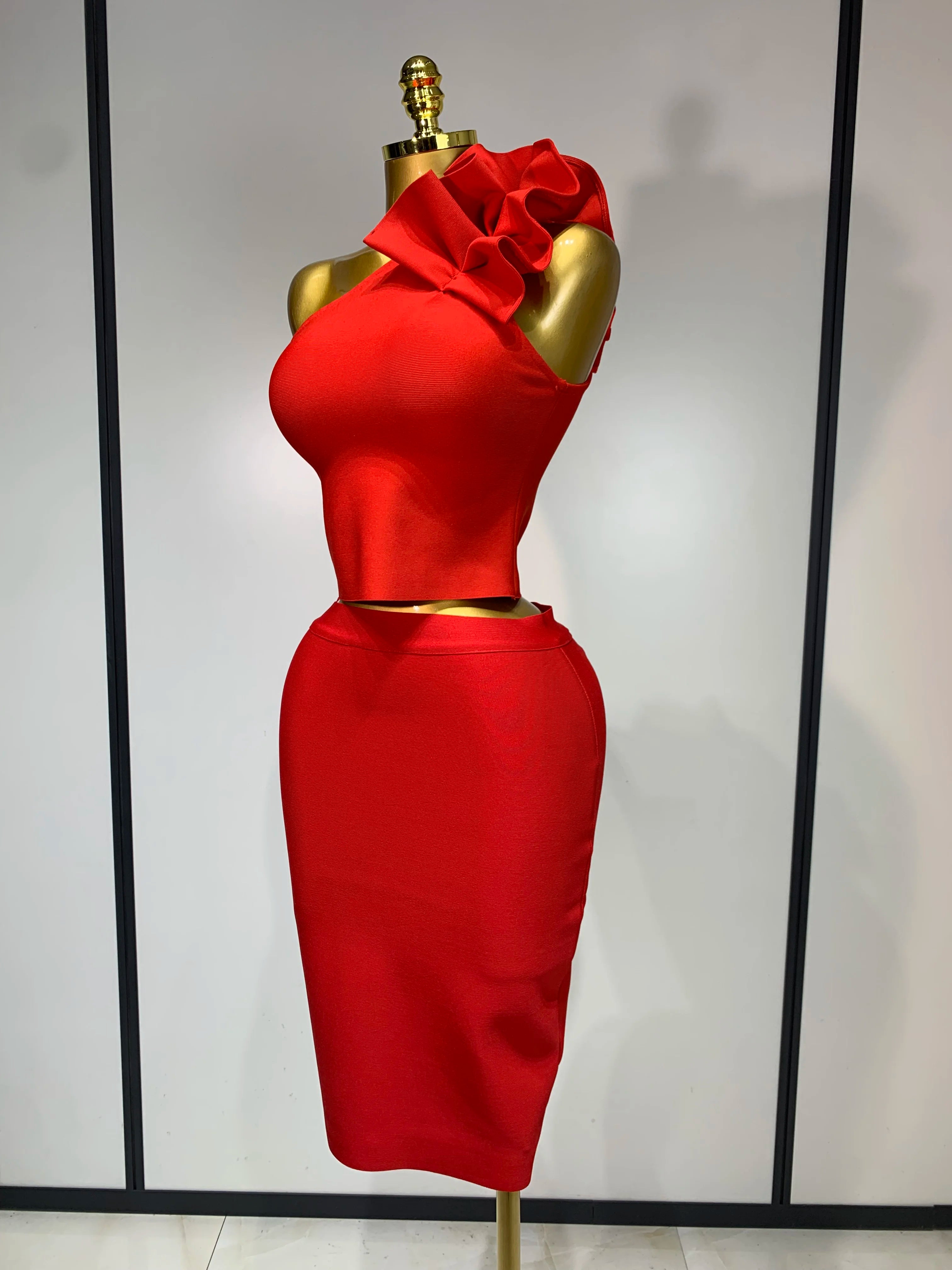 Women Sexy Sleeveless Ruffles One Shoulder Bandage Two Piece Set Fancy Club Evening Celebrity Elegant Party Bodycon Vestidos