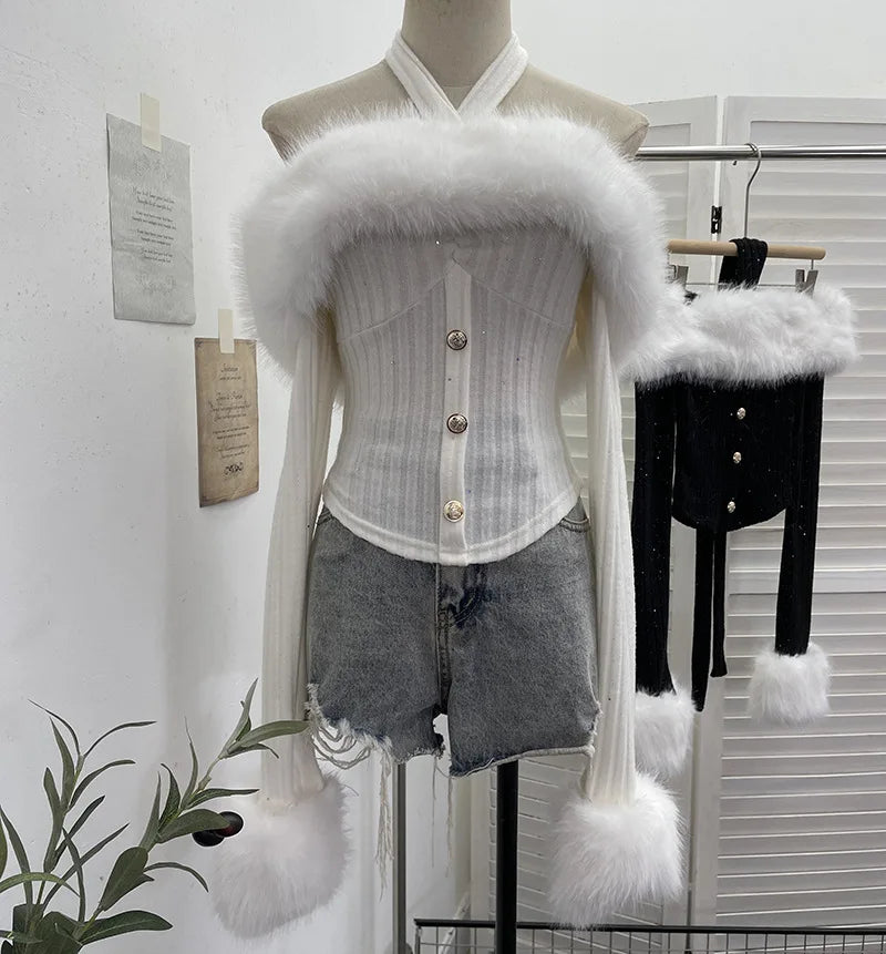 Spring New Detachable Fur Collar Lace-Up Halter Neck Off-Shoulder Knit Sweater For Women Slim Fit Short Top 11A07918 White One Size