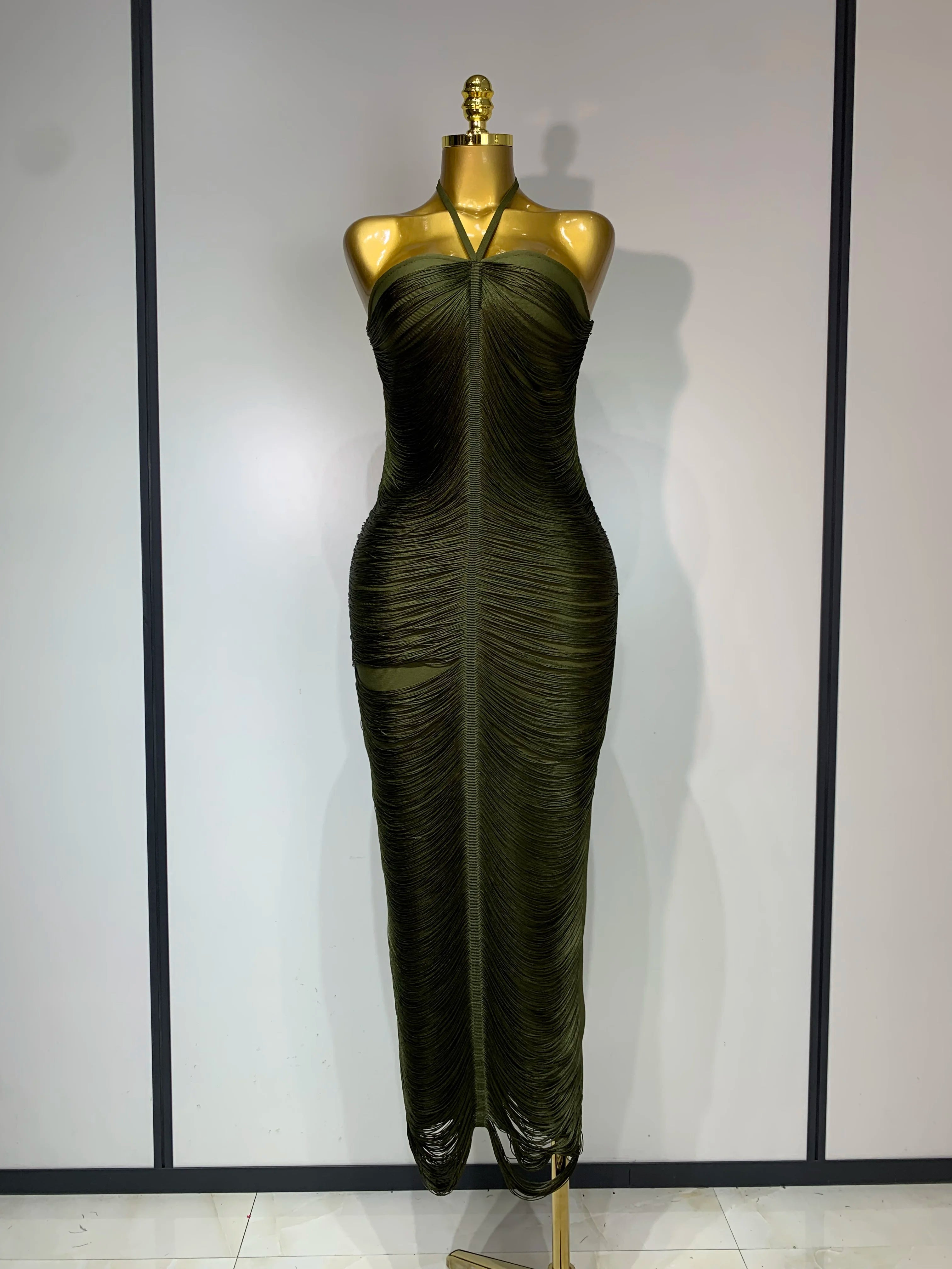 Women Sexy Celebrity Elegant Backless Halter Tassel Bodycon Bandage Dress Evening Party Luxury Birthday Wedding Guest Dress army green