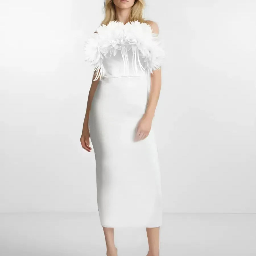 White Red Women Sexy Strapless Feathers Bodycon Long Bandage Dress Celebrate Evening Party Vacation Birthday Outfit